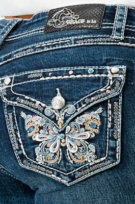 #ad Grace in LA Women#x27;s Butterfly Embroidered Faux Flap Pocket Bootcut Stretch Jeans $68.00