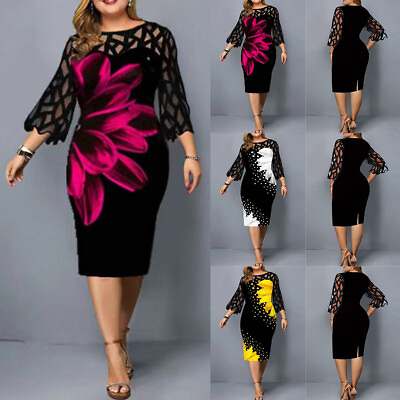 #ad Women#x27;s Floral Mesh Bodycon Dress Ladies Evening Cocktail Mini Dress Plus Size $28.19