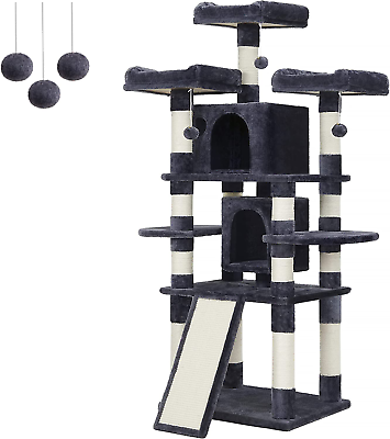 #ad 67 Inch Multi Level Cat Tree for Large Cats with Cozy Perches Stable Smoky Gr $195.07