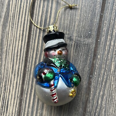 #ad Vintage Christmas Ornament Hand Crafted Glass Snowman Blue Shiny Jacket 3.5” $14.99