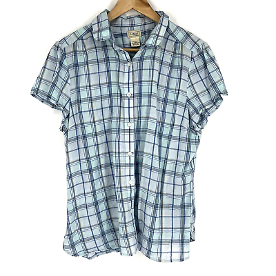 #ad LL Bean Top Size Large Women Blue Plaid Short Sleeve Shirt Button Up Lightweight $22.49