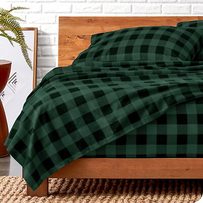 #ad 100% Cotton Flannel Sheet Sets Buffalo Plaid Forest Green Black SOLD AS IS $23.99