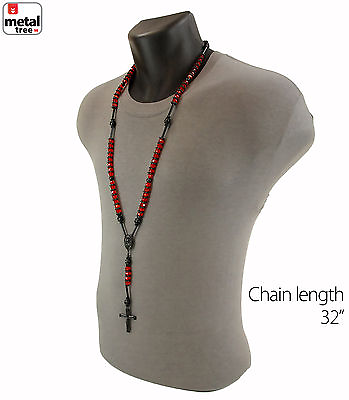 #ad Men#x27;s Hip Hop 8mm RED Bead Black Rosary Pray Hand amp; Jesus Cross Necklace BKRD $9.99