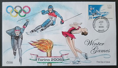 #ad US COVER 2006 TORINO WINTER GAMES OLYMPICS FDC COLLINS COVER HAND PAINTED $6.95