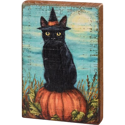 #ad Primitives by Kathy Halloween Block Sign Black Cat Witch Pumpkin Fall Lover $13.95