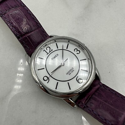 #ad Women#x27;s TIMEX Silver Tone Indiglo Purple Croc Embossed Leather Band T2N690 $20.99