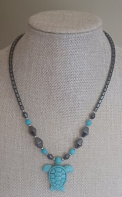 #ad Vintage Turquoise Turtle Pendant Necklace With Turquoise amp; Hematite Beads 16quot; $30.00