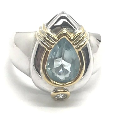#ad Sterling Silver 925 Pear Blue Topaz CZ Gold Tone Accent Cocktail Band Ring 9.75 $64.00