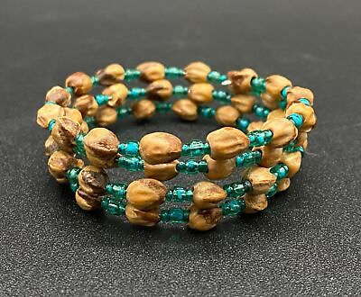 #ad Glass Aqua Bead and Brown Seed Beaded Wire Wrap Around Bracelet $17.50
