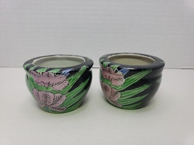#ad Set Of 2 Small Vintage Asian Planter Porcelain Floral Pot Black And Green Pink $15.99
