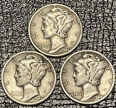#ad Mercury Dime 1944 PDS 10¢ 90% Silver 3 Mercury Dimes US Silver Coins $12.00