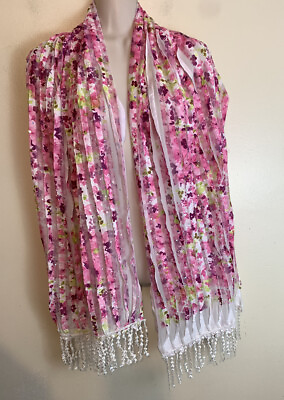 #ad Pink White Green Floral Pleated Scarf Shawl Wrap w Fringe 72” X 17” $16.99