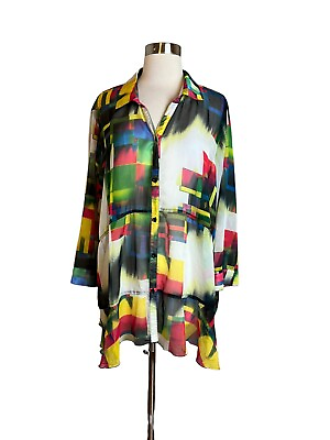 #ad Ali Miles Semi Sheer Colorful Button Tunic Top Abstract Button Front Size XXL $39.99