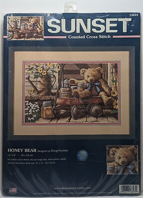 #ad Sunset Counted Cross Stitch Kit HONEY BEAR Teddy Wagon Doug Knutson 13693 NEW $49.99