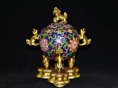 #ad Old Chinese copper Cloisonne enamel handmade double Ear lion incense burner 5012 $399.00