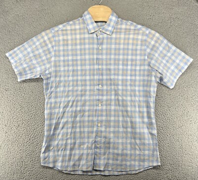 #ad Peter Millar Button Down Blue Plaid Shirt Short Sleeve Men#x27;s Size Large L $24.25