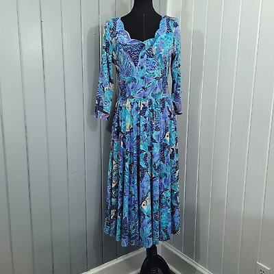 #ad VTG 80s LANZ ORIGINAL Dress 12 Blue Fish Print 3 4 Sleeve Pockets Fit Flare RARE $42.49
