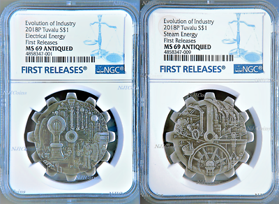#ad 2018 P Evolution of Industry ANTIQUED Gear Shaped 1oz Silver 2 COIN SET NGC MS69 $275.00