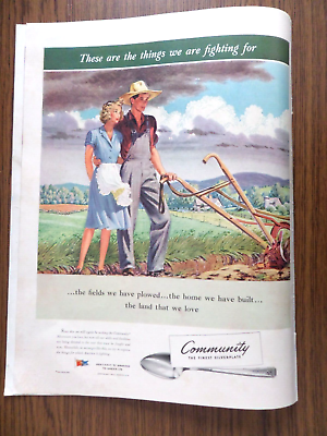 #ad 1943 Community Silverware Ad Fighting For Couple Farming Plowed Field Home Built $3.00