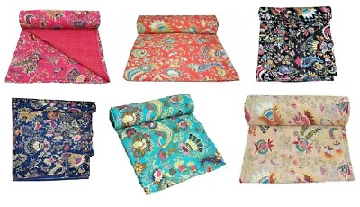 #ad Indian Kantha Quilt Handmade Mukut Print Cotton Bedding Kantha Throw 90X108 In $55.87