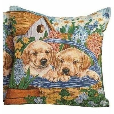 #ad Puppies Blue Basket Pillow Cover Tapestry Zippered Dog Canine Floral Birdhouse $11.94