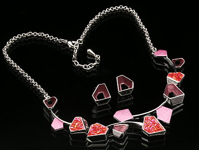 #ad branch leaf inspired pink enamel red resin choker necklace drop earrings set N47 $3.99