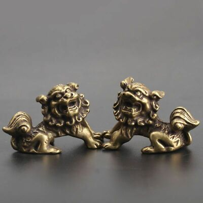 #ad A PAIR Chinese Collection old Asian Brass lion Exquisite hand piece statue $12.34