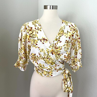 #ad Faithfull The Brand Womens Large Mali Wrap Top Goldie Floral Off White Blouse $34.99
