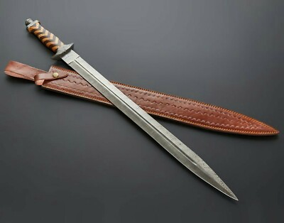 #ad SUPERB HUNTEX 25 inches Damascus Steel Guard amp; Pomel Sword with leather sheath $128.64