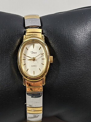 #ad Timex Silver Tone Dial Gold Tone Oval Case Two Tone Stretch Band Watch $17.49