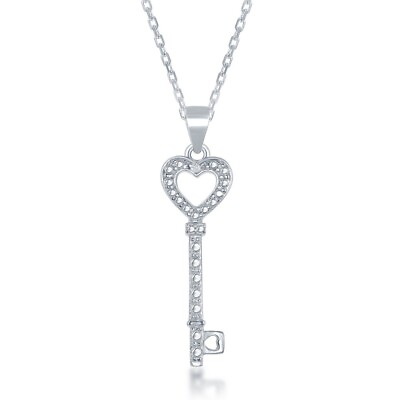 #ad Sterling silver Diamond Accent Key Heart Pendant w Chain $84.00