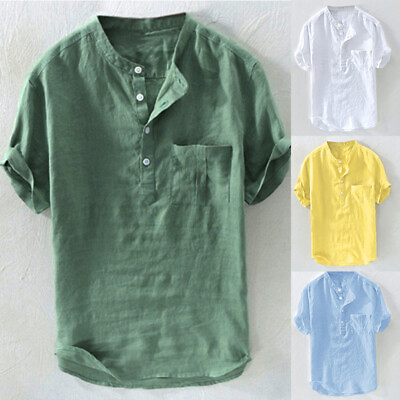 #ad Mens Short Sleeve Polyester Shirts Summer Beach Soft Loose Tops Shirt Tee $12.65