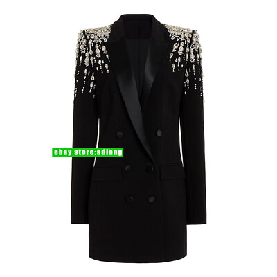 #ad 2024new fashion gorgeous bead inlaid diamond slim fit mid long suit blazer women $98.99