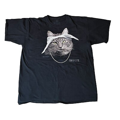 #ad The Mountain Brand Tupaw Thug Life Cat Funny Black Tee USED MENS XL T Shirt H6 $13.60