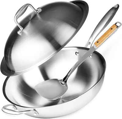 #ad Wok Pan Non Stick Stainless Steel Stir Fry Pans With Domed Lid amp; Spatula $59.84