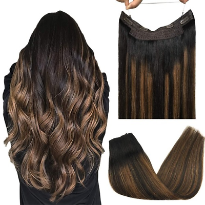#ad Hair Extensions Fish Line Human Hair Extension Hidden Wire Ombre Blonde Hair $161.30