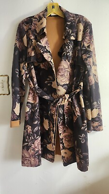 #ad SOLITAIRE ANTHROPOLOGIE Floral Faux Suede Open Front Jacket Trench Coat Sz M $29.99
