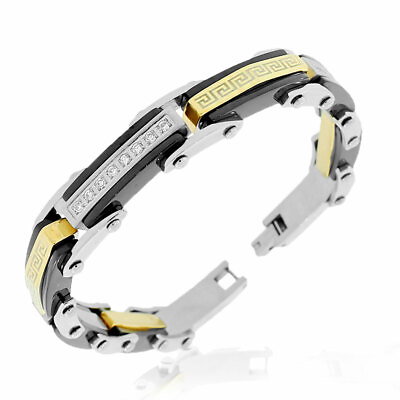 #ad Stainless Steel Black Gold Tone Silver Tone CZ Greek Key Link Mens Bracelet $24.99