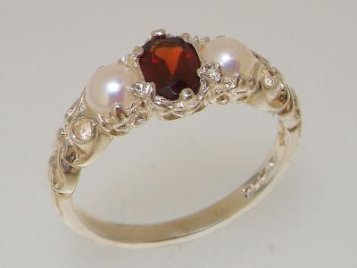 #ad 9ct White Gold Natural Garnet amp; Pearl Womens Trilogy Ring Sizes J to Z GBP 419.00