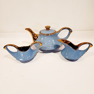 #ad Vintage Pearl China Turquoise And 22kt Gold Gilt Teapot Sugar and Creamer Set $59.00