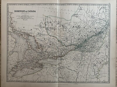 #ad 1886 ONTARIO amp; QUEBEC CANADA ANTIQUE HAND COLOURED MAP BY JOHNSTON 134 YEARS OLD GBP 19.99