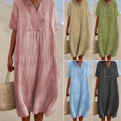 #ad Ladies Cotton Linen V Neck Midi Dress Women Short Sleeve Loose Long Dress Solid* $16.93