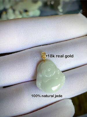 #ad 18K Gold Natural Jade Buddha Pendant White Light Green A Grade For Small Chain $60.00