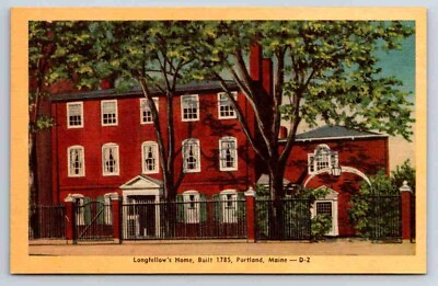 #ad Longfellow#x27;s Home Built 1785 Portland Maine Street View Unposted Linen Postcard $4.75