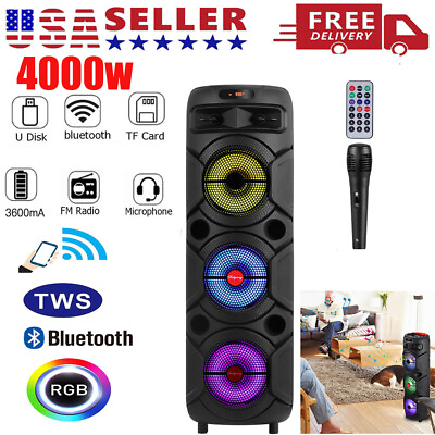 #ad 4000W Bluetooth Speaker Portable 3*8quot;Subwoofer Heavy Bass Party DJ System Mic $85.99