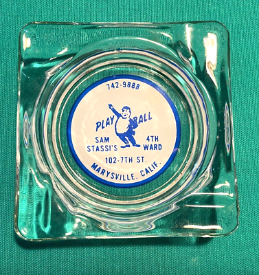 #ad Early Original Glass Ashtray PLAY BALL 4TH WARD 102 7TH ST. MARYSVILLE CA. $35.00