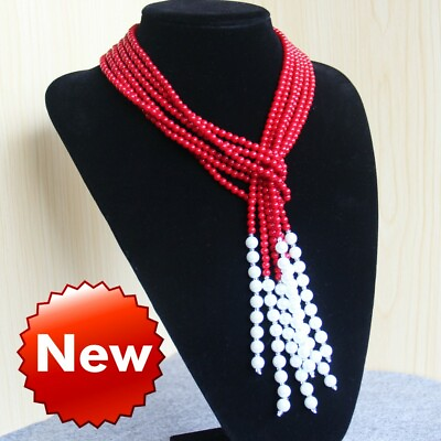 #ad New 3 Strands Natural 4mm Red Coral amp;6 7mm White Pearl Scarf Beads Necklace 50#x27;#x27; $23.99