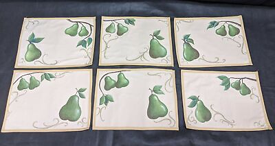 #ad Handpainted Pears Placemat 6 Set Fruit 12x16 Farmhouse Brown Fabric Green Fruit $19.99