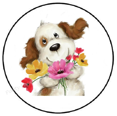 #ad CUTE DOG WITH WILDFLOWERS ENVELOPE SEALS LABELS STICKERS PARTY FAVORS $1.99