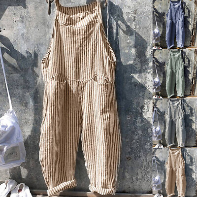 #ad US Womens Cotton Striped Wide Leg Suspender Jumpsuit Dungarees Playsuit Overalls $18.23